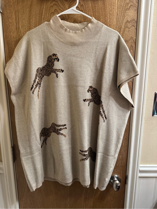 entro Tops - Entro Beige Crew Neck Short Sleeve Sweater Leopard Print Stretch Top Plus 2X